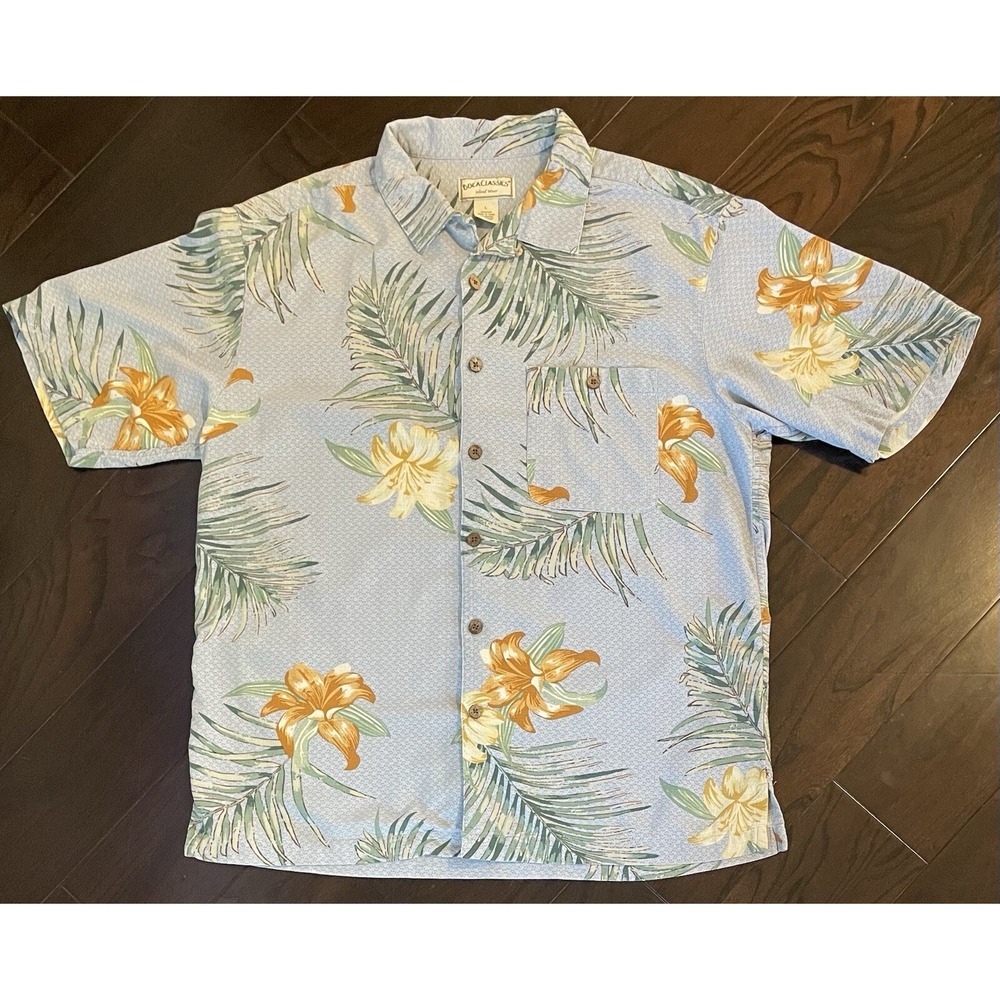 Boca Classics Button Down Men Lg Blue 100% Silk Floral Palm Tropical Shirt Boho